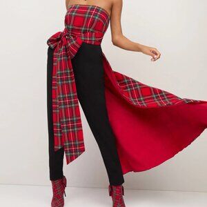 Holiday Tartan Bow-Waist Train Jumpsuit